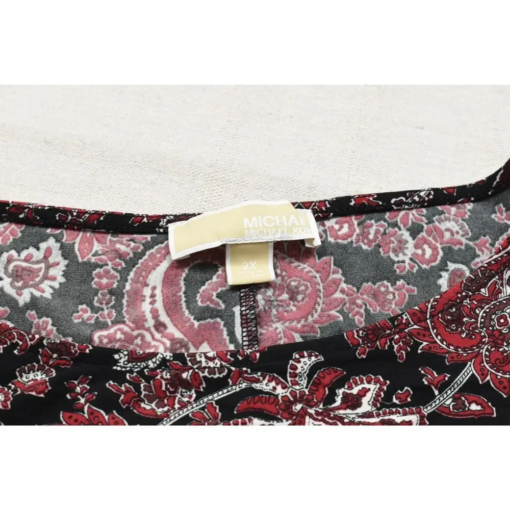 Michael Kors Women's 2X Top Black Red White Paisley Flutter Sleeve Stretch Blous